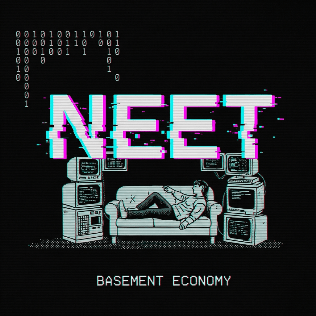 Retro terminal screen displaying a glitching NEET (Not in Employment Education Training) logo with digital artifacts, vaporwave aesthetics, neon pink and cyan colors, ASCII art of a person lounging on a couch surrounded by computer screens, with binary code floating in the background and 'BASEMENT ECONOMY' text flickering at the bottom