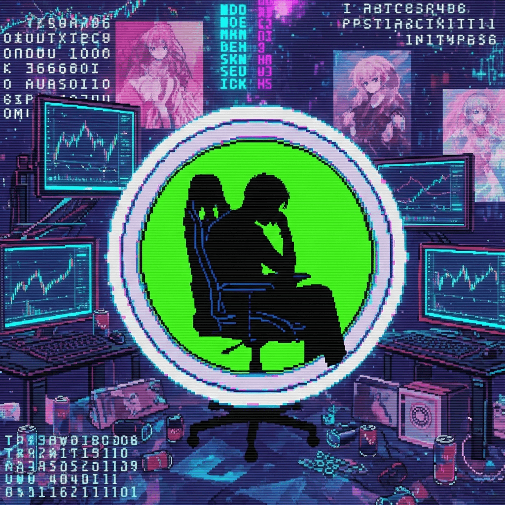 A pixelated, glitch-art style coin with a silhouette of a person in a gaming chair, surrounded by empty energy drink cans, anime posters, and computer screens displaying cryptocurrency charts, all rendered in a vaporwave color palette with ASCII art elements