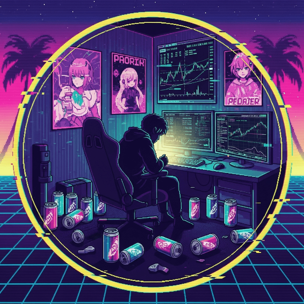 A pixelated, glitch-art style coin with a silhouette of a person in a gaming chair, surrounded by empty energy drink cans, anime posters, and computer screens displaying cryptocurrency charts, all rendered in a vaporwave color palette with ASCII art elements