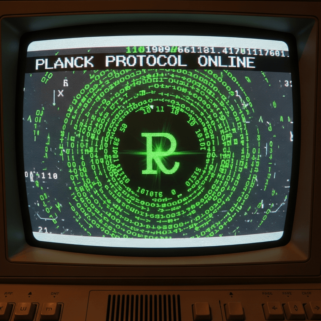 A retro 1990s computer terminal screen displaying glitchy, neon green ASCII art. The art should depict a swirling vortex of data streams and binary code, with a prominent, stylized Planck constant symbol (ħ) at the center. The text 'PLANCK PROTOCOL ONLINE' should be blinking in a corrupted font above it.