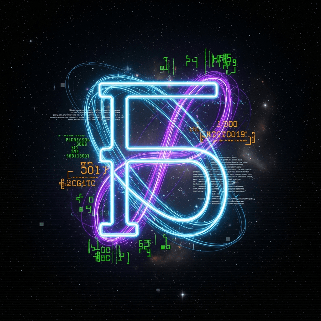 An abstract representation of quantum entanglement using glowing neon lines forming the Planck constant symbol ħ. The background is a dark, starry nebula with subtle glitch effects. Use ASCII art elements integrated into the visual, like fragmented code or binary sequences.