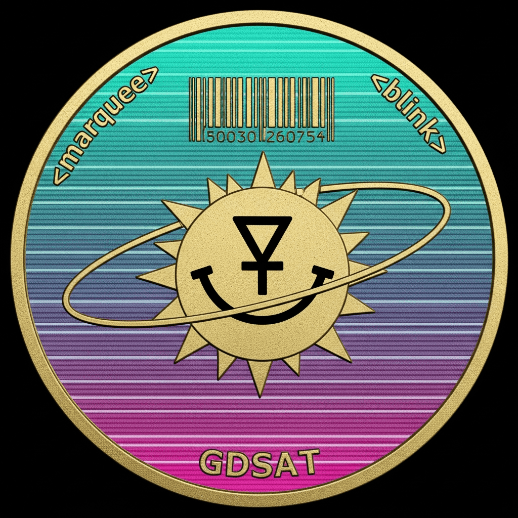 Round coin with a smiling ASCII sun ☼ in the center, barcode halo orbiting, CRT scanlines across the face, vaporwave teal-magenta gradient rim, retro web chrome accents (<marquee>, <blink>) etched into the edge, monospaced 'GDSAT' engraved; grainy retro texture