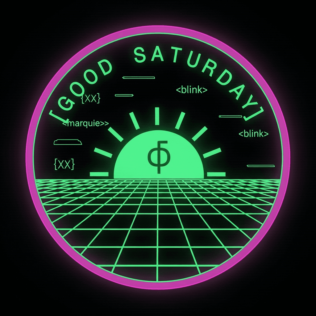 Neon-green CRT terminal coin sigil composed of an ASCII sun (☼) rising over a grid horizon; the words GOOD SATURDAY encoded as bracket glyphs around the rim; retro web elements like <marquee> and <blink> subtly engraved; vaporwave magenta/teal edge glow; scanlines; cyber-mall aesthetic.