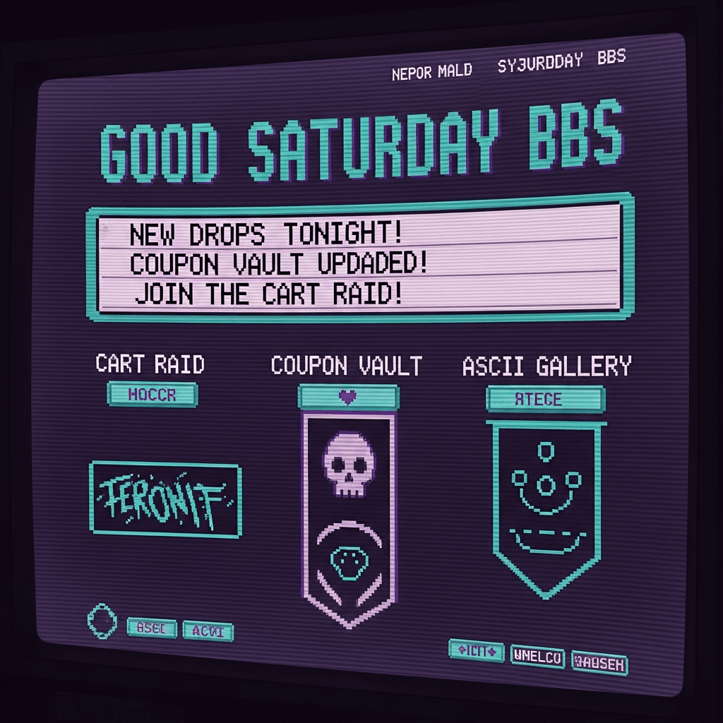 Retro web BBS homepage titled 'GOOD SATURDAY BBS'; animated <marquee> headlines; pixel buttons; ASCII banners and terminal graffiti; teal/purple vaporwave palette; CRT scanlines; sections labeled 'Cart Raid', 'Coupon Vault', 'ASCII Gallery'; cozy cyber-mall mood.
