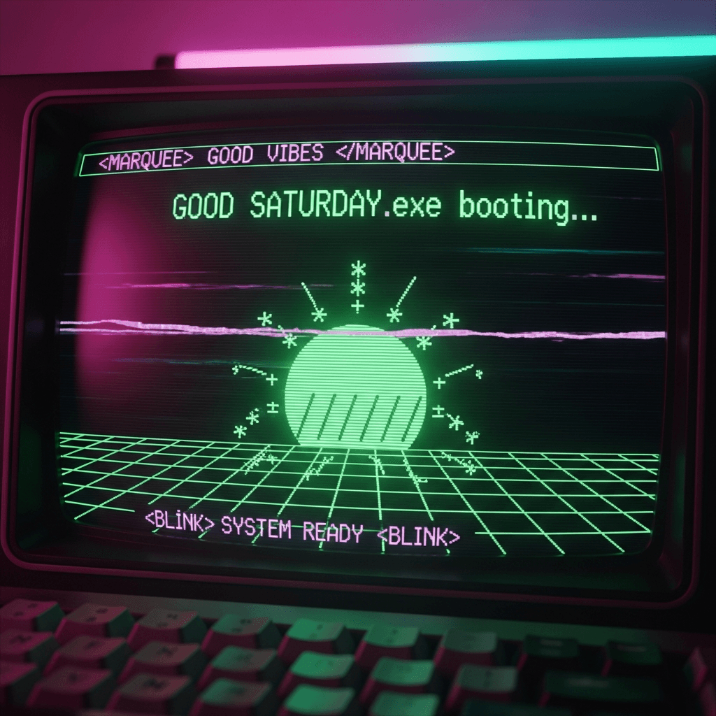 High-contrast CRT terminal screen showing 'GOOD SATURDAY.exe booting...' in green phosphor; glitch artifacts, scanlines; ASCII sun rising over a grid horizon; vaporwave magenta/teal ambient glow; retro web UI touches like <marquee> and <blink> woven into the interface; cyberpunk weekend vibes.