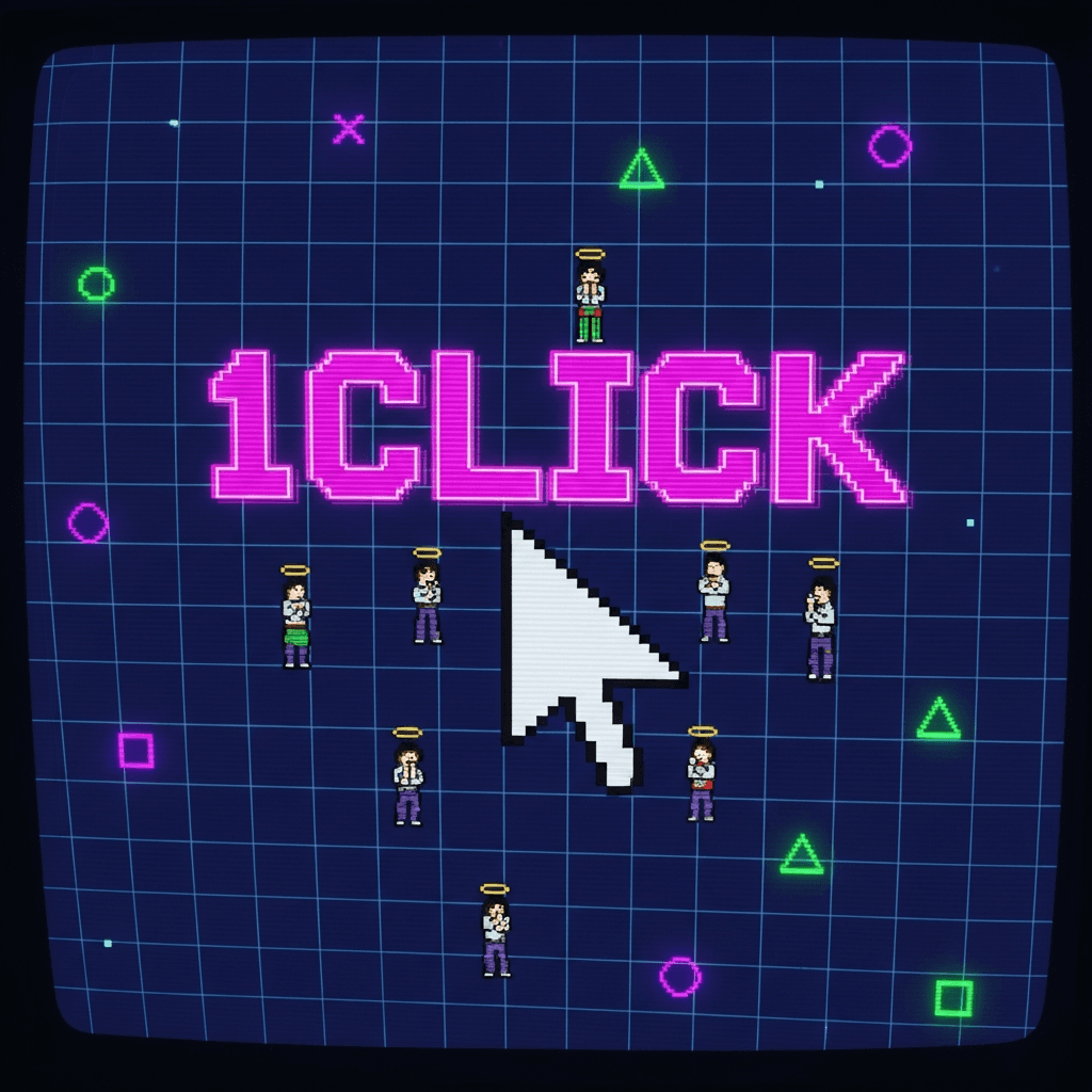 A glitchy retro computer terminal screen showing a giant pixelated cursor and the text '1CLICK' with digital distortion effects, neon colors, and small ASCII art figures worshipping the cursor like a deity. The image has a vaporwave aesthetic with grid lines and random symbols scattered throughout.