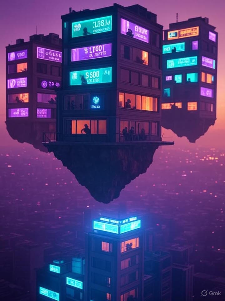 A vaporwave utopian cityscape with floating islands, anime-inspired architecture, neon signs displaying crypto prices, and silhouettes of people in gaming chairs controlling the economy from their bedrooms, all rendered in purple, teal and orange sunset lighting