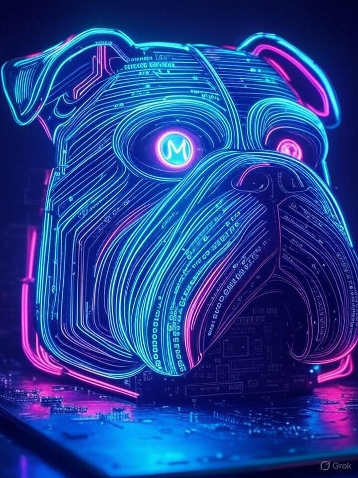 A digital circuit board forming a stylized bulldog head, with glitch effects and neon wireframe elements. Binary code flows through the circuits, electric and vibrant, against a dark, tech-noir background. An eye within the bulldog head glows with predictive insight, referencing the Mississippi 'M'.