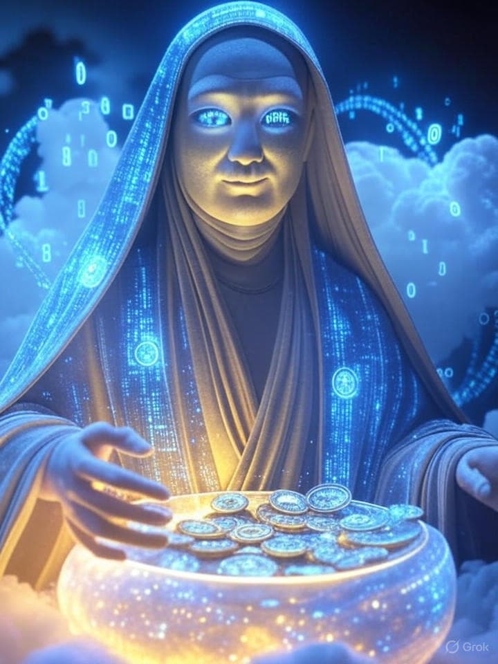 An ancient digital seer, a spectral figure draped in data-infused robes. This oracle stands amidst swirling clouds of binary code and neon glyphs. Its eyes are reflective screens, glowing with blockchain charts and meme symbols. Beneath it, a cosmic cauldron simmers with BNB coins and mystical icons of financial foresight.