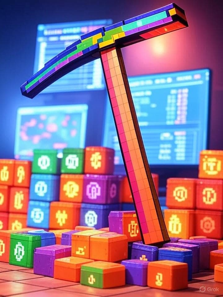 ASCII art depicting a pixelated pickaxe mining classic game blocks (like Mario blocks, coins, stars) which transform into glowing cryptocurrency symbols. A scrolling ledger in the background showing historical game stats being converted to PXP. Retro console aesthetic with blockchain elements. Use vibrant 8-bit colors with a cyberpunk overlay.