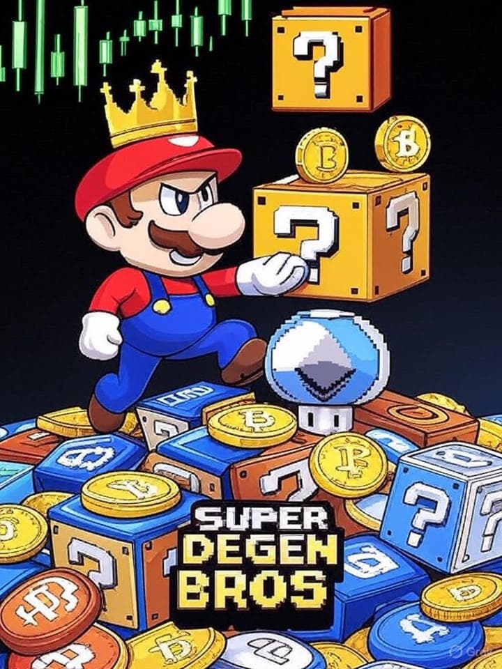 An 8-bit pixel art logo for a memecoin. A Mario-like character wearing a golden king's crown is jumping and hitting a classic question mark block, but instead of a mushroom, a shower of pixelated Ethereum and Bitcoin coins are coming out. He has a smug, confident look. He's standing on a pile of defeated, cracked logos of old-world banks (like Chase, Goldman Sachs). The background is a stark, ascending green candlestick chart against a black void. The words 'SUPER DEGEN BROS' are in a bold, retro arcade font below.