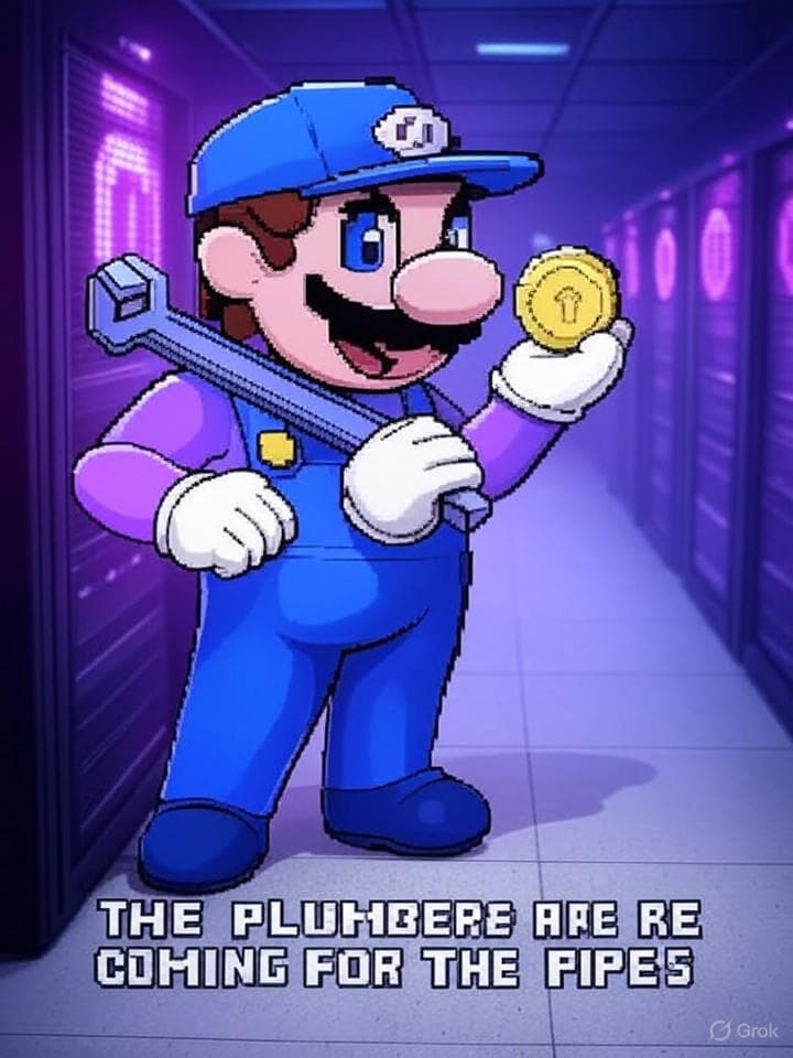 A retro, 8-bit pixel art of a Mario-like character with a mischievous, degen grin. He's in a dark server room filled with glowing crypto logos. He's holding a giant wrench over his shoulder and a glowing, pixelated coin in his other hand. The text 'THE PLUMBERS ARE COMING FOR THE PIPES' is glitched at the bottom in a classic arcade font. Vaporwave color palette, heavy on magenta and cyan.