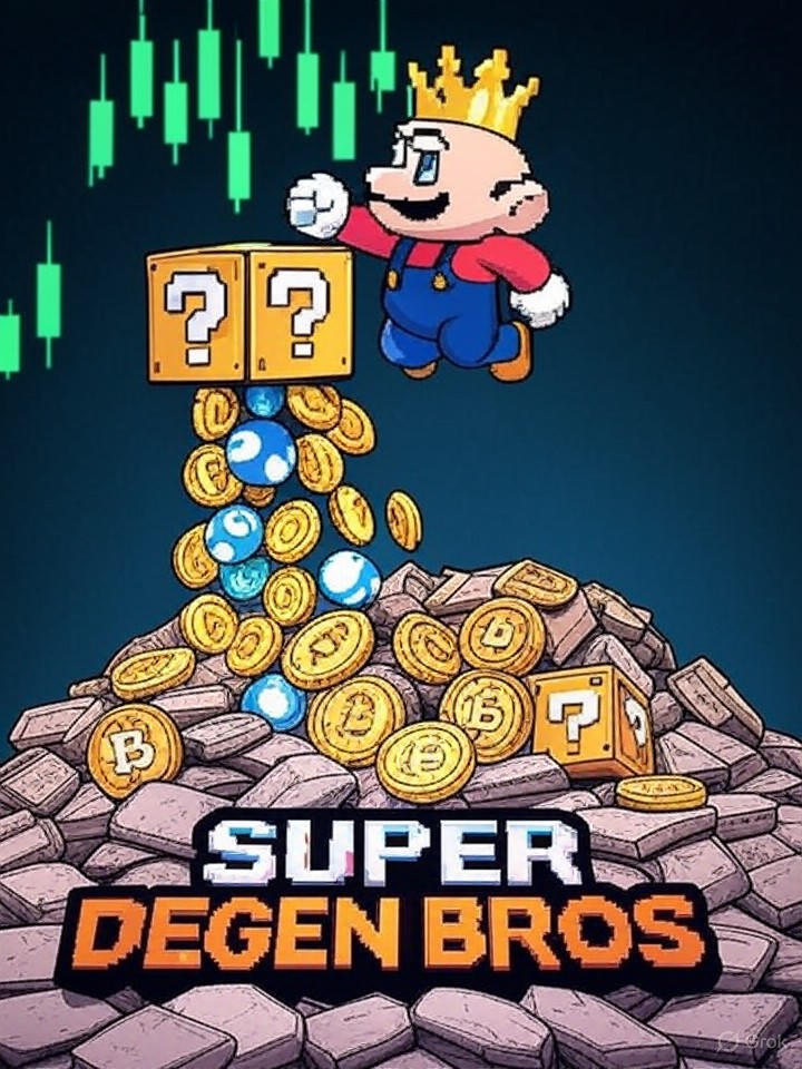 An 8-bit pixel art logo for a memecoin. A Mario-like character wearing a golden king's crown is jumping and hitting a classic question mark block, but instead of a mushroom, a shower of pixelated Ethereum and Bitcoin coins are coming out. He has a smug, confident look. He's standing on a pile of defeated, cracked logos of old-world banks (like Chase, Goldman Sachs). The background is a stark, ascending green candlestick chart against a black void. The words 'SUPER DEGEN BROS' are in a bold, retro arcade font below.