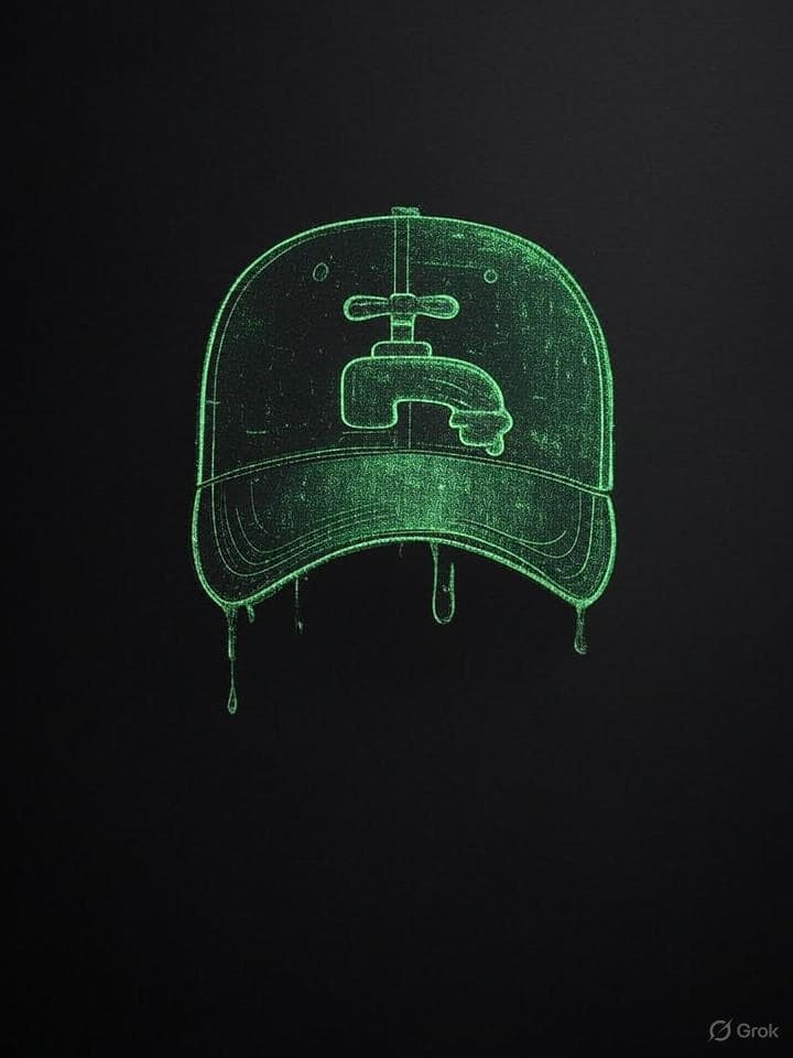 A minimalist, symbolic logo. A green plumber's cap, but the 'L' symbol is replaced with a stylized, dripping faucet icon that also resembles a dollar sign. The background is pitch black, and the entire logo has a subtle, green digital glitch effect. It feels like a secret society's sigil.
