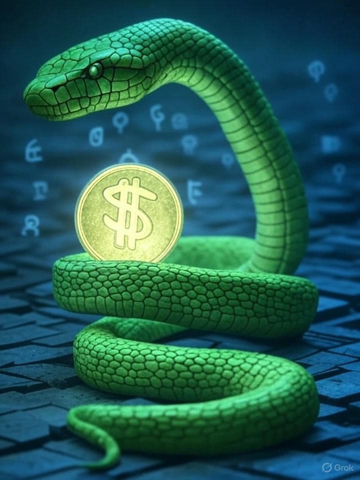 A distorted ASCII art-inspired digital canvas of a predatory snake (Slipfang) striking at a glowing '$TARIFF' coin, surrounded by fragmented binary code and glitch effects. The scene is overlaid with cryptic symbols and hieroglyphs, evoking a sense of digital chaos and market predation.