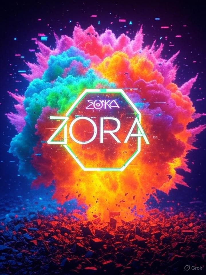 A chaotic, pixelated explosion with the ZORA logo at its core. The explosion is rendered in neon colors with glitch effects, resembling digital art. ASCII art characters like glitched text and broken circuits are embedded within the explosion's fragments.
