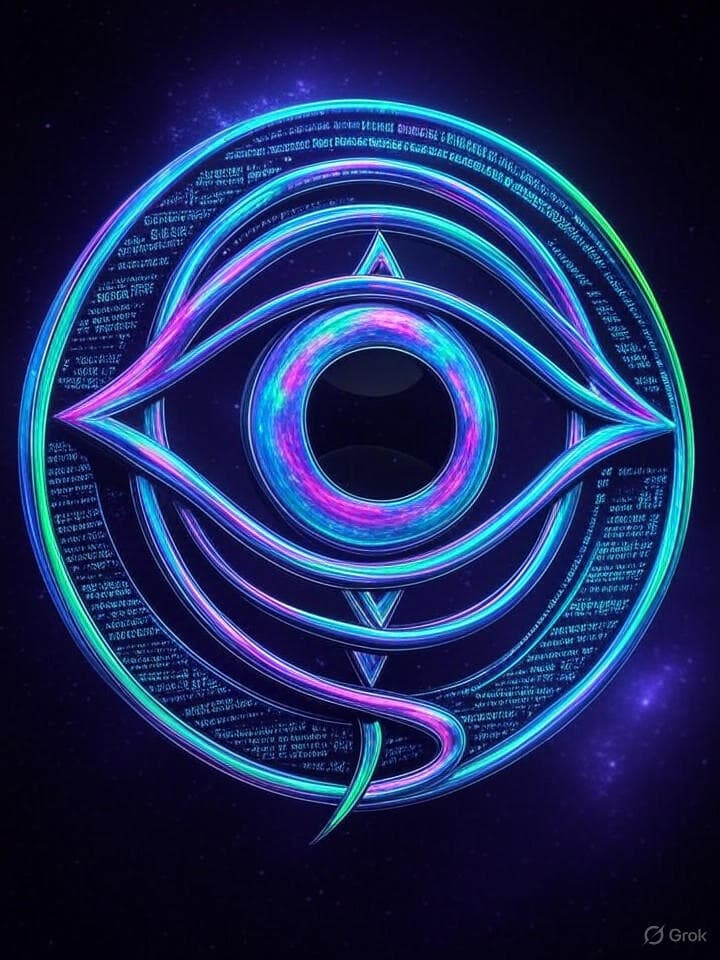 A sigil-like logo for Zora Genesis. It combines a stylized eye within an abstract, swirling geometric form, rendered in vibrant, iridescent colors. The background is a dark, starry void. Subtle ASCII art patterns are woven into the geometric structure, giving it a digital, cryptic feel.