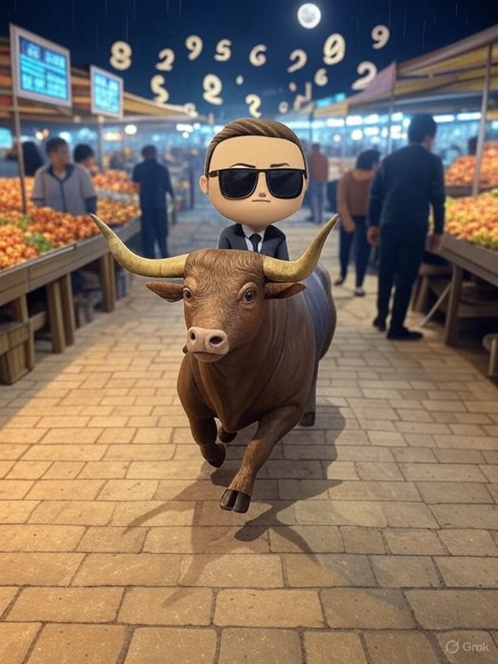 An ASCII art depiction of a chaotic market scene: a sea of swirling numbers, fractal graphs twisting infinitely, and enigmatic symbols hinting at great fortune or downfall. Central to this composition stands a cartoonish avatar wearing shades, riding a wild bull towards a digital moon.