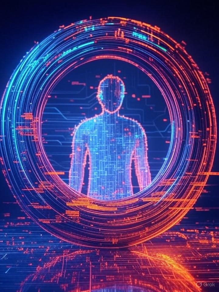 Abstract glitch art representing a continuous digital loop, with fragments of financial charts and orange digital static. A distorted, pixelated phantom figure subtly integrated within circuit board lines. Retro-futuristic aesthetic, vibrant neon glow on dark circuits, resembling old terminal graphics, high contrast.