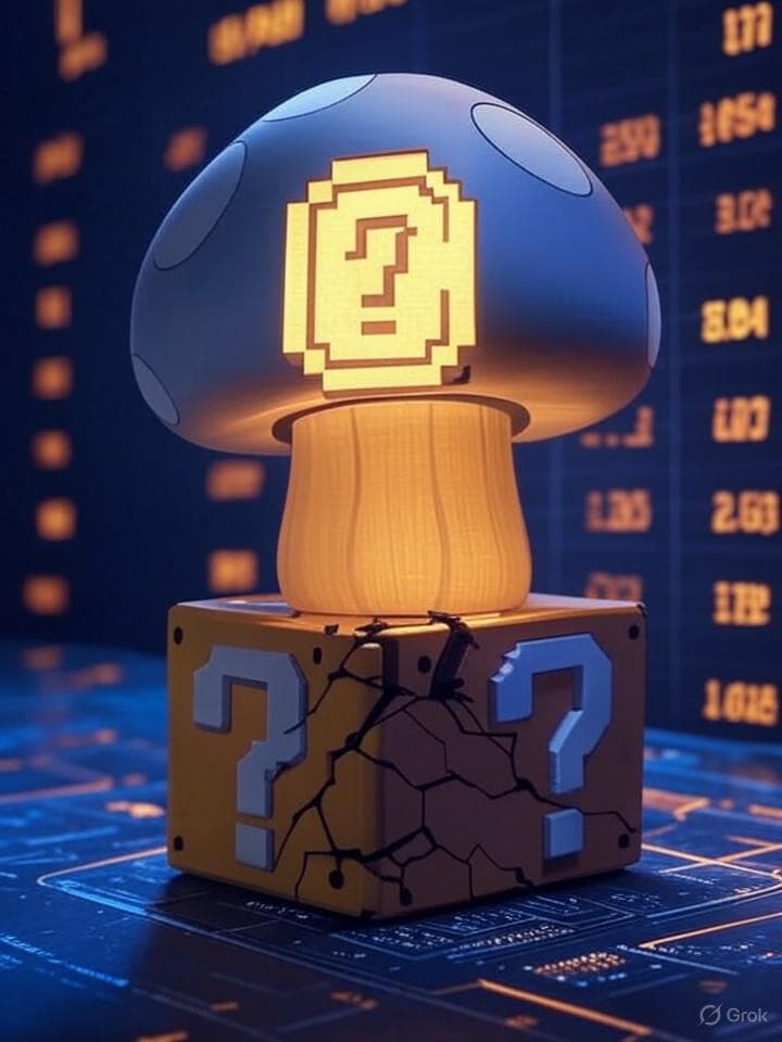 An 8-bit power-up mushroom, but instead of spots, it has a glowing, pixelated gold coin symbol. It sits on a classic question mark block, which is cracking to reveal a circuit board underneath. The background is a dark, glitching network of financial data streams. retro gaming aesthetic, digital art.