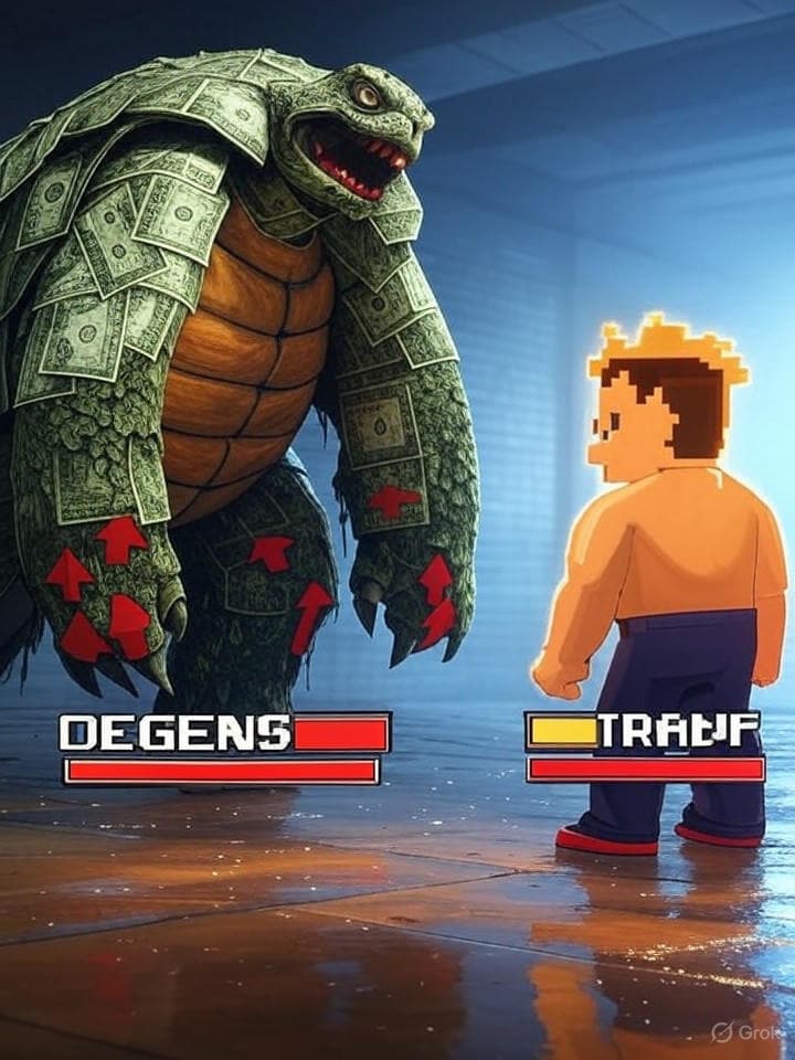 A retro 8-bit video game boss fight screen. On one side, a giant, monstrous turtle made of decaying dollar bills and red stock market arrows. On the other side, a simple pixelated plumber figure, glowing with a golden aura. The health bar for the plumber is labeled 'DEGENS' and is full. The boss's health bar is labeled 'TRADFI' and is half-empty.