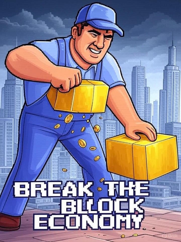 A retro 8-bit style propaganda poster showing a pixelated working-class plumber breaking a golden block with his fist, coins spilling out. The background shows a dystopian financial district with castle-like skyscrapers. Text at bottom reads 'BREAK THE BLOCK ECONOMY' in glitchy pixel font. The entire image has slight VHS distortion effect with scan lines.