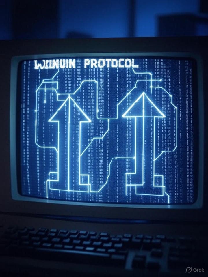 retro 80s computer terminal screen showing ASCII art of two arrows pointing upward in parallel with the text 'WINWIN PROTOCOL' at the top and glowing digital circuitry connecting the arrows, cyberpunk aesthetic with matrix-like code raining in background