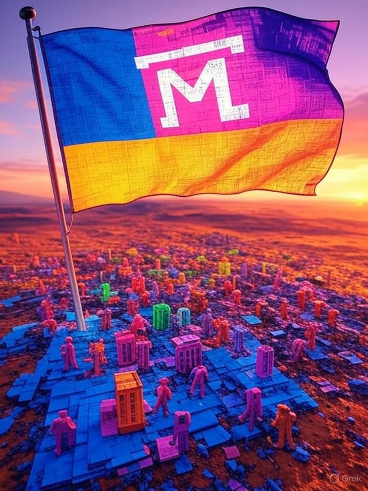 A retro-futuristic, pixelated flag waving over a desolate but vibrant digital landscape, composed of ASCII art and fragmented data. The flag bears the 'MSTT' symbol in a glitched, bold font. Below, small, stylized figures resembling distorted 8-bit characters are assembling digital structures. The overall mood is one of emergent rebellion and creative reconstruction.