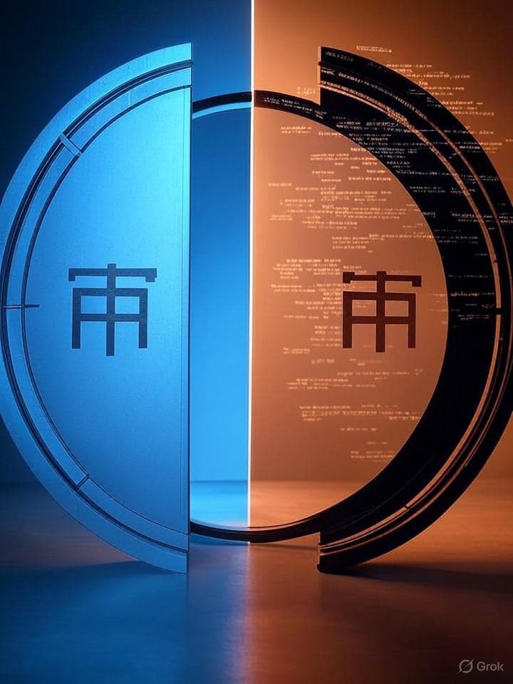 Minimalist digital art showing a circular gateway split down the middle - one half structured and orderly with a clean interface, the other half chaotic and free with scattered code. Both sides contain subtle '币安' symbols. Blue and orange contrast lighting.