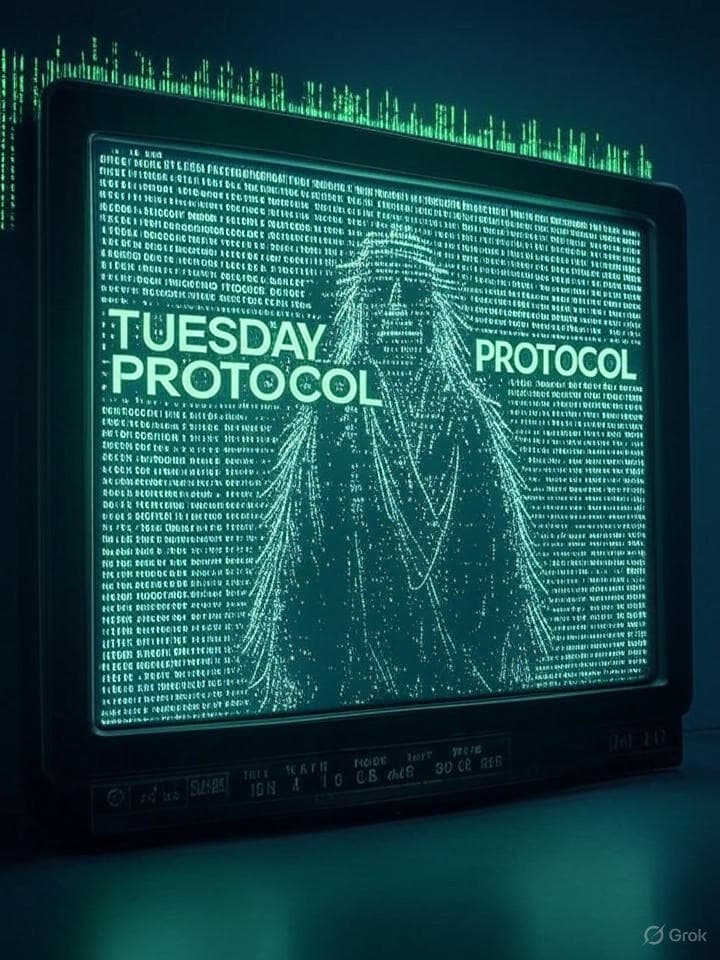 Retro-futuristic terminal screen with glowing green text and symbols, displaying 'TUESDAY PROTOCOL' with binary code streams and a digital clock showing various time zones. ASCII art of a shaman figure with digital elements integrated into the design. Dark background with matrix-like code rain.