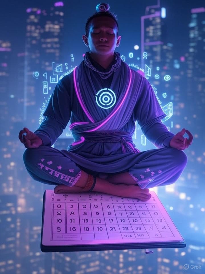 Cyberpunk digital shaman figure meditating in lotus position, floating above a Tuesday calendar page that's glitching and pixelating. The figure is surrounded by holographic symbols and binary code, with a cityscape visible in the background that's half-physical, half-digital. Retro computing aesthetic with neon purple and teal colors.