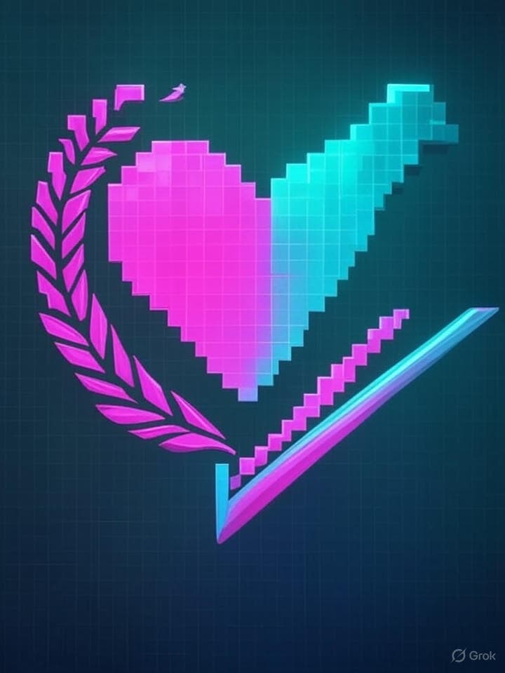 Logo for AMARE: a pixelated magenta heart fracturing into tiny squares that reassemble into an upward checkmark/arrow. Neon cyber-roman aesthetic with laurel wreaths, CRT scanlines, terminal-green grid, subtle vaporwave gradients (pink/teal), and a tiny hidden 'BAGS' tag. Clean vector geometry suitable for stickers and app icon.
