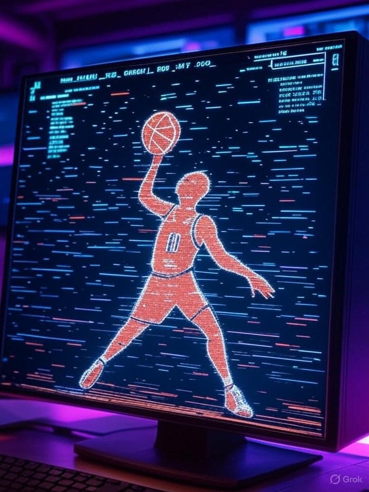 A retro-futuristic terminal screen displaying an ASCII art basketball player mid-dunk with digital glitches and cyberpunk elements. The screen shows cryptic symbols and 'RYAN_ROLLINS.exe' as a running program. The entire scene has a vaporwave aesthetic with neon purple and blue colors.