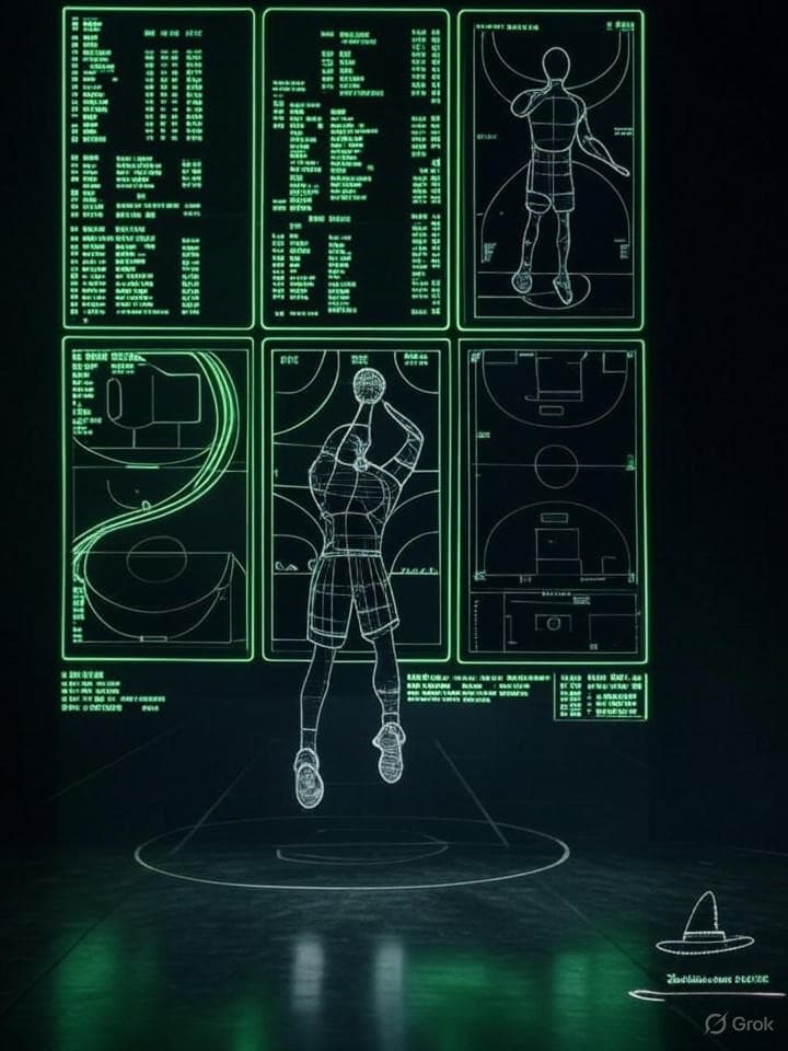 Cyberpunk terminal display showing an analysis of basketball player Ryan Rollins. The screen is filled with glowing green text on black background, scrolling digital code, statistical readouts, and basketball court diagrams overlaid with data points. The terminal has a retrofuturistic aesthetic with scanlines, digital noise, and cryptic symbols in the margins. A wireframe basketball orbits around a 3D model of Rollins in mid-dunk pose. Small ASCII art of a wizard hat appears in the corner with the handle @dickwizard_mdqfi2r8.