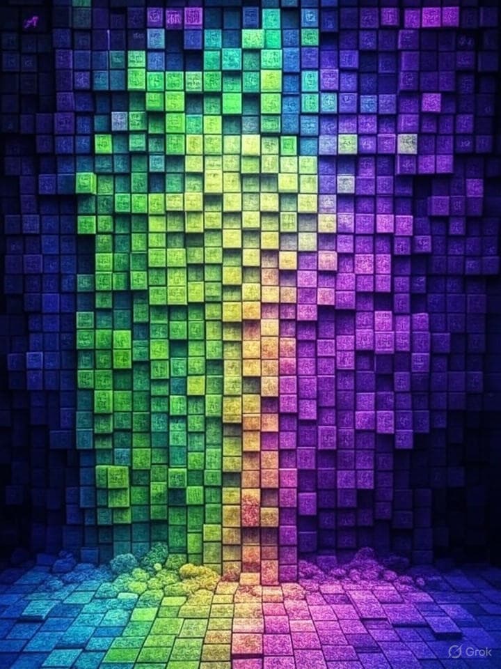 Mosaic grid showing various pixel art representations of ancient runes transforming into modern symbols; interspersed are cryptographic sequences and abstract interpretations of 'dreamscapes'. Vivid color palette with high contrast—lime green to royal purple gradients—hypnotic flow.