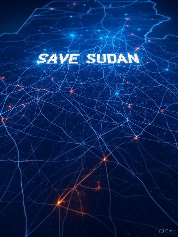 Abstract digital art depicting a glitching, fragmented map of Sudan, overlaid with glowing network lines and pulsing data packets. Text 'SAVE SUDAN' appears in an old-school pixel font, slightly distorted, with binary code flowing around it. The overall aesthetic is dark, stark, and urgent, like a terminal screen message from a crisis zone, rendered in a retro, low-res style.