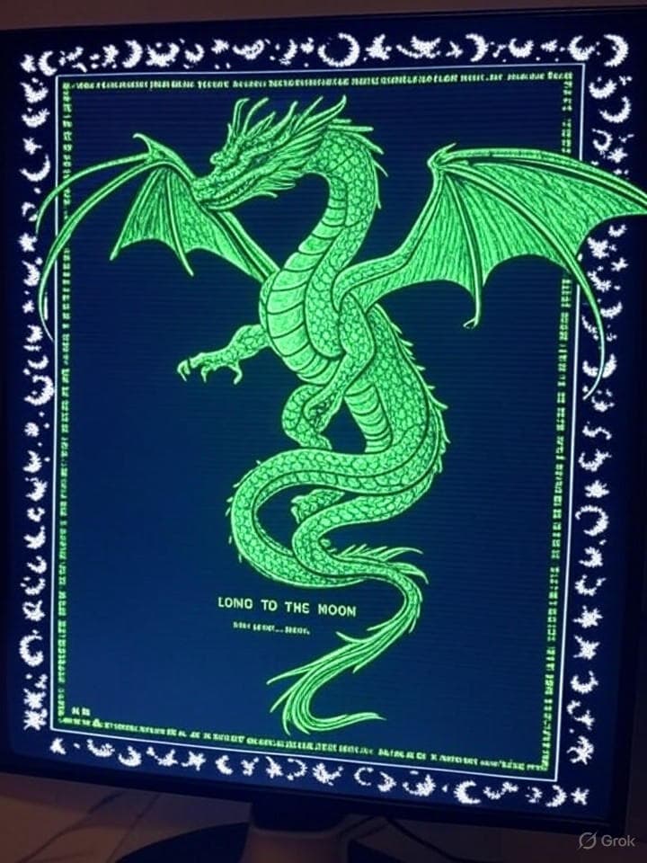 A glitched retro computer terminal screen showing a neon green dragon (龙) emerging from binary code, with ASCII art around the edges and corrupted text saying 'LONG TO THE MOON'. The image should resemble a corrupted 90s website aesthetic with visible scan lines and digital artifacts.