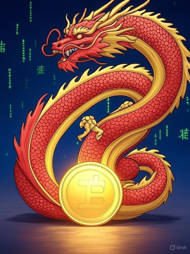 A pixelated 8-bit style Chinese dragon coiled around a glowing cryptocurrency coin, with ancient Chinese characters floating in the background and green binary code raining down. The dragon should be red and gold with glitching effects and scanlines overlaid.