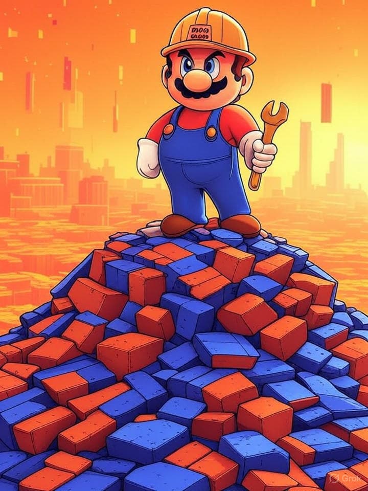 Retro-pixel art Mario, wearing a hard hat and a "Make Web3 Great Again" cap, holding a golden wrench. He stands atop a pile of broken, glitching digital blocks. The background is a vibrant, chaotic orange-tinted digital landscape, hinting at flux and change. The overall aesthetic is 8-bit, distressed, and powerful.