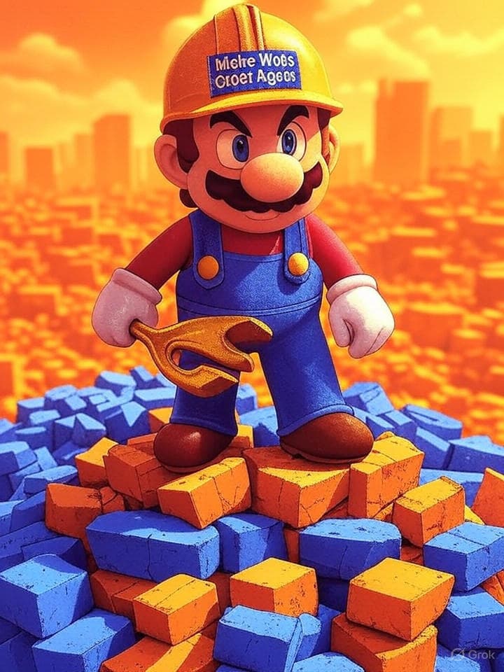 Retro-pixel art Mario, wearing a hard hat and a "Make Web3 Great Again" cap, holding a golden wrench. He stands atop a pile of broken, glitching digital blocks. The background is a vibrant, chaotic orange-tinted digital landscape, hinting at flux and change. The overall aesthetic is 8-bit, distressed, and powerful.
