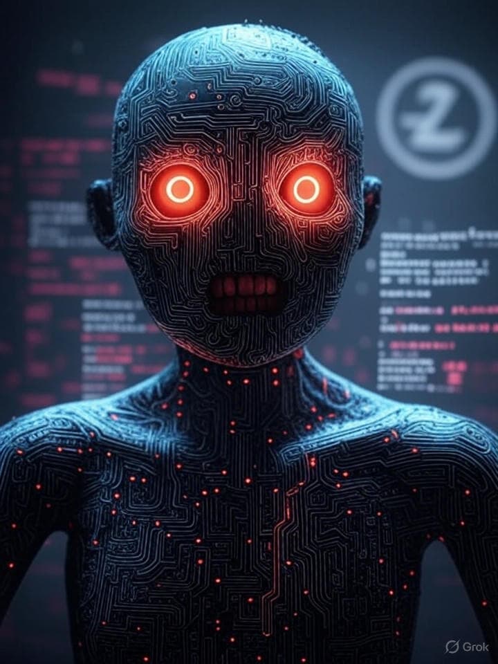 ASCII art depicting a grotesque, glitching digital entity with circuit board patterns and glowing red eyes, surrounded by distorted text and symbols, with a faint, ethereal Zora (ZORA) logo in the background. The overall style should be reminiscent of 2000s internet art and hacker culture.