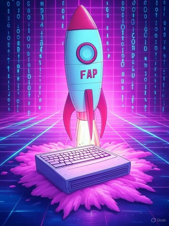 A retro digital art piece showing a pixelated rocket with 'FAP' written on it, blasting off from a computer terminal. The background has neon grid lines and binary code raining down in synthwave colors. ASCII art characters form abstract patterns around the edges. The whole image has a glitchy, vaporwave aesthetic with cyan and magenta color palette.