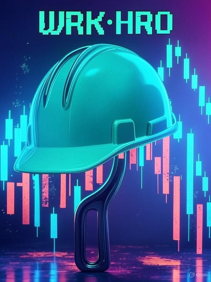 Retro-futurist 8-bit hardhat icon glowing terminal-green with a steel wrench that morphs into an upward candlestick chart; background is a CRT scanline gradient from worker-orange to neon green; subtle pixel sparks and grease smudges; bold, chunky typography reading WRK•HR0; vibe: blue-collar cyberpunk union poster meets arcade boot screen.