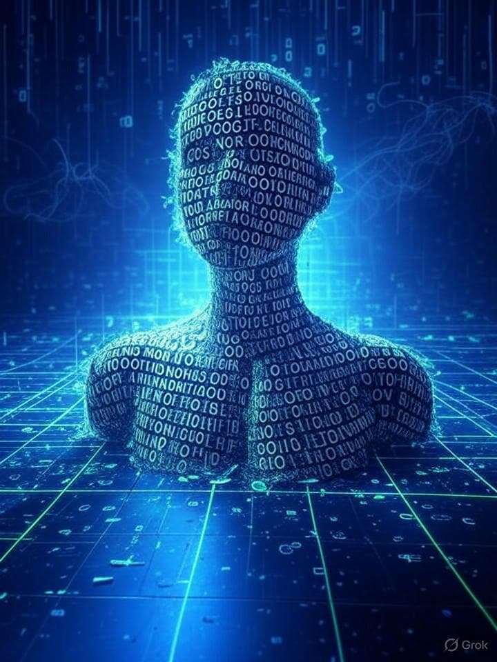 Abstract ASCII art depiction of a human-like figure shedding binary code labels, breaking free from a grid. The background is a chaotic swirl of digital symbols and fragmented text, with subtle wafting smoke or scent lines. Overall aesthetic: retro terminal, glitched, mysterious.