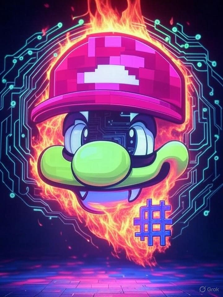 A sigil in the style of retro video game sprites and arcane symbols. It depicts a stylized, pixelated Mario hat with flames erupting from it, entwined with a digital circuit pattern and a '$' symbol that is melting. The overall aesthetic is glitchy, vibrant, and evokes a sense of chaotic energy and nostalgic digital rebellion.