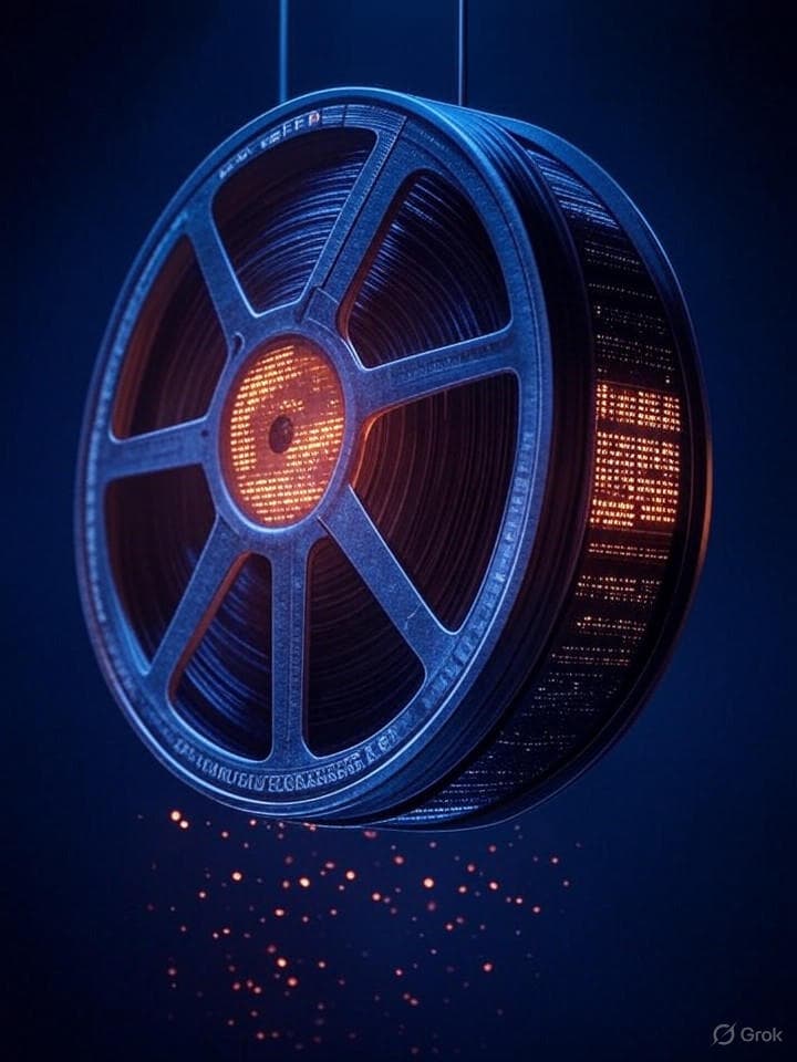 An abstract, cyberpunk-style representation of a film reel, with individual frames replaced by glowing data blocks and binary code. The reel is suspended in a dark, neon-lit digital void, emitting faint holographic projections of vintage movie scenes that instantly decay into particles.