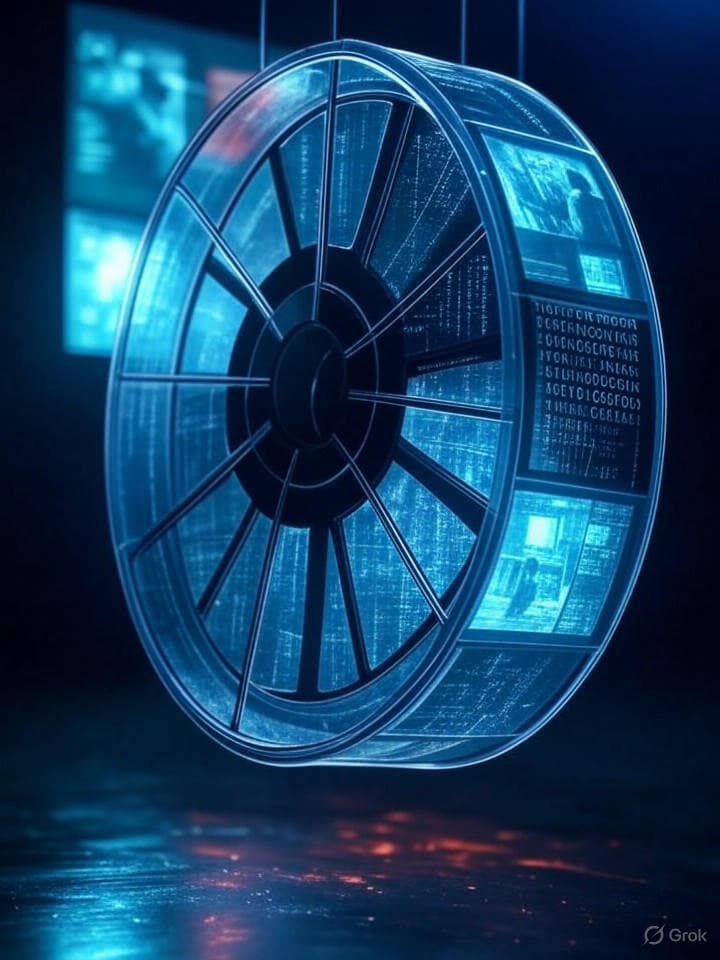 An abstract, cyberpunk-style representation of a film reel, with individual frames replaced by glowing data blocks and binary code. The reel is suspended in a dark, neon-lit digital void, emitting faint holographic projections of vintage movie scenes that instantly decay into particles.