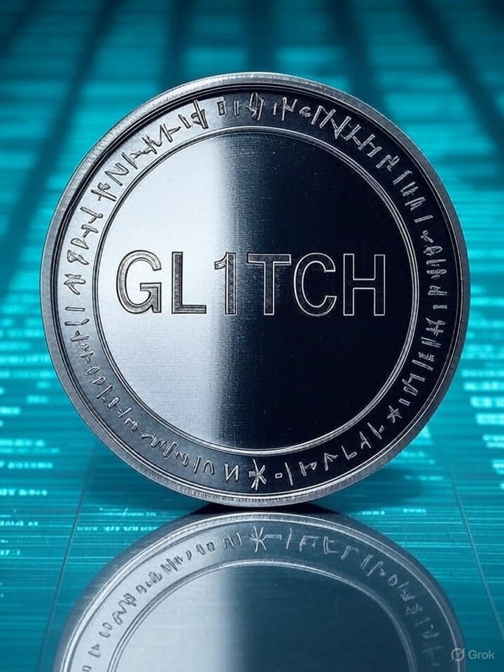 Chrome coin inscribed with GL1TCH, wrapped in a halo of broken clock numerals; retro CRT UI background with teal-magenta vaporwave palette, scanlines, datamosh glitches, ascii runes orbiting; faint marquee text reflections and warped grid floor; cinematic lighting, high contrast, cyberpunk poster vibes.