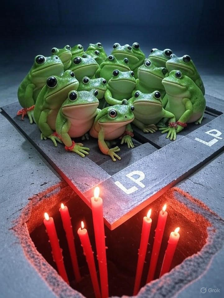 A group of Pepe the Frogs wearing colorful friendship bracelets stand huddled together on a large, obvious trapdoor. The trapdoor is labeled 'LP'. Below them is a dark pit filled with glowing red downward-trending stock market candles. The style is crisp digital art, meme aesthetic.