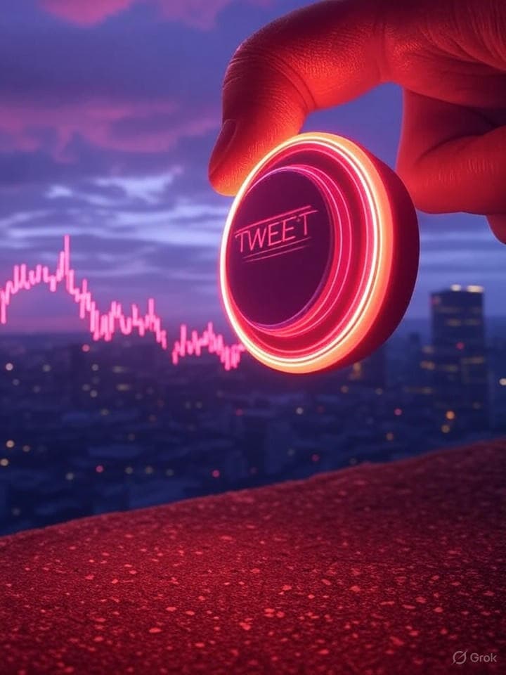 A vaporwave styled scene. A massive, glowing orange thumb descends from a cloudy sky to press a giant, retro 'TWEET' button. Every time the button is pressed, the stock market chart in the background experiences a massive, erratic spike. The colors are neon pinks and blues.